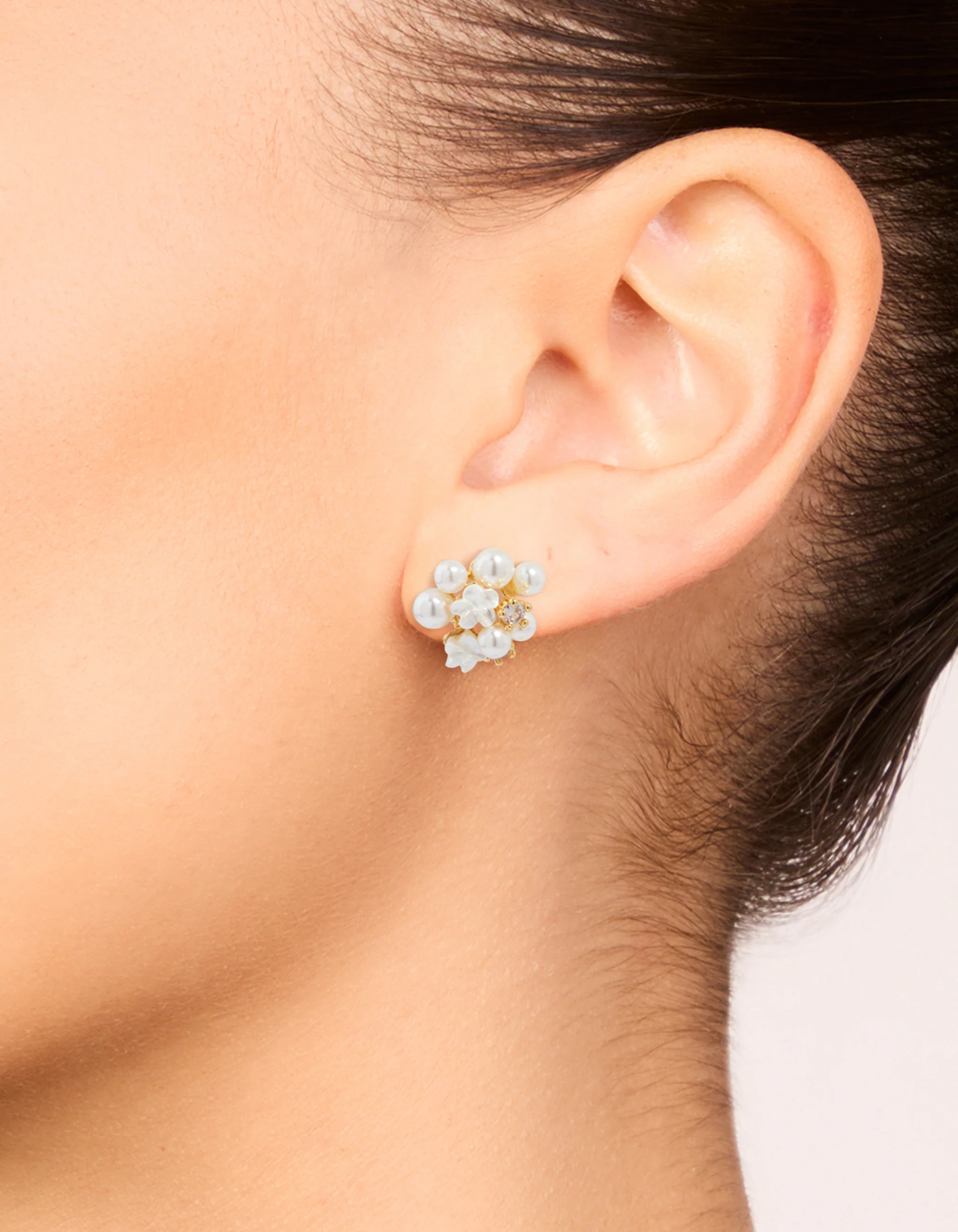 Gold Plated Cubic Zirconia Pearl Cluster Stud Earrings - Image 2
