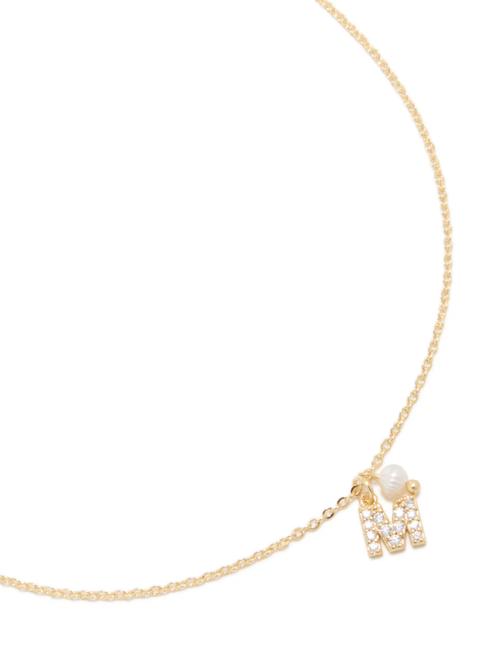 Gold Plated Cubic Zirconia & Pearl Letter M Necklace - Image 2