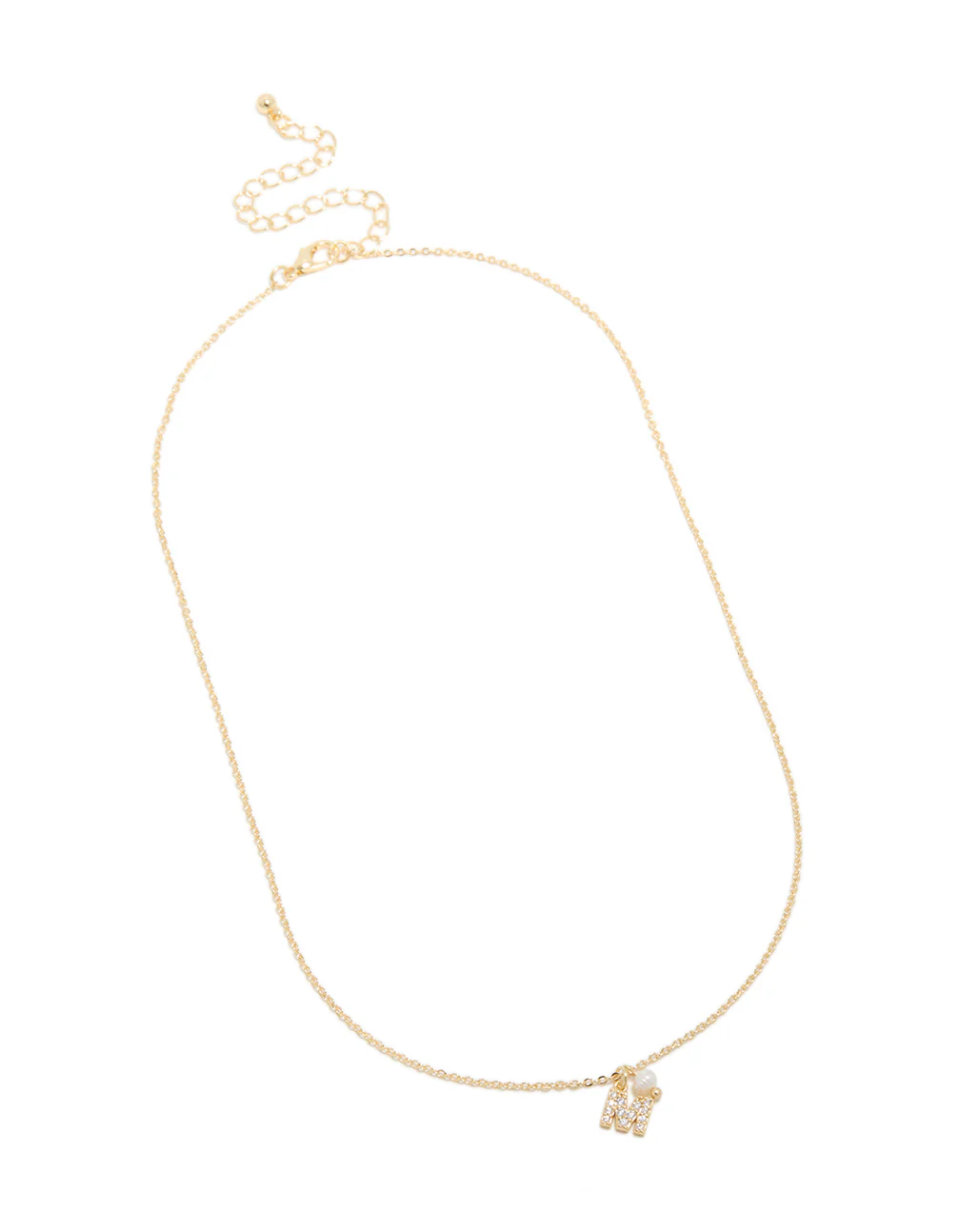 Gold Plated Cubic Zirconia & Pearl Letter M Necklace - Image 4