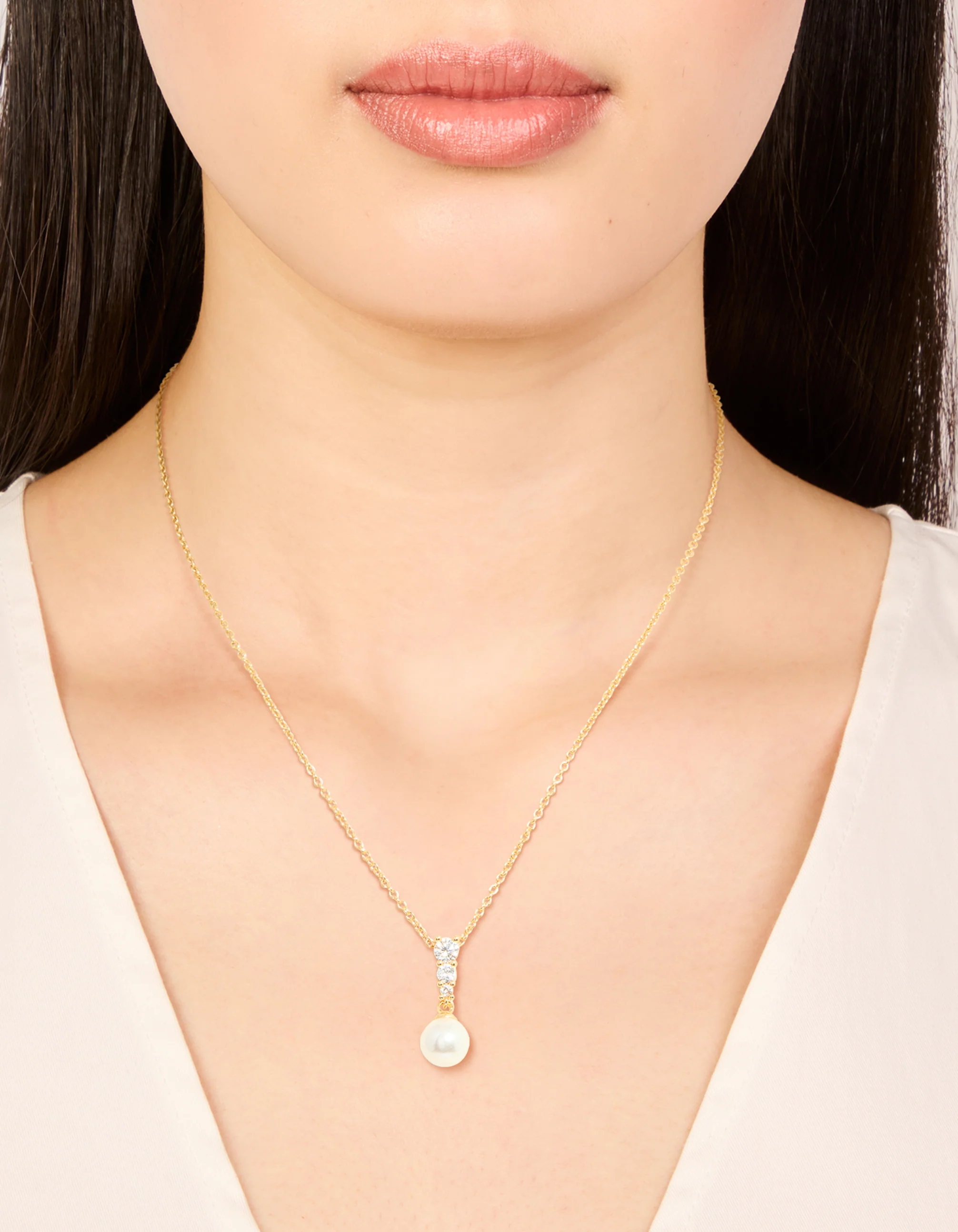 Gold Plated Cubic Zirconia & Pearl Pendant Necklace - Image 2