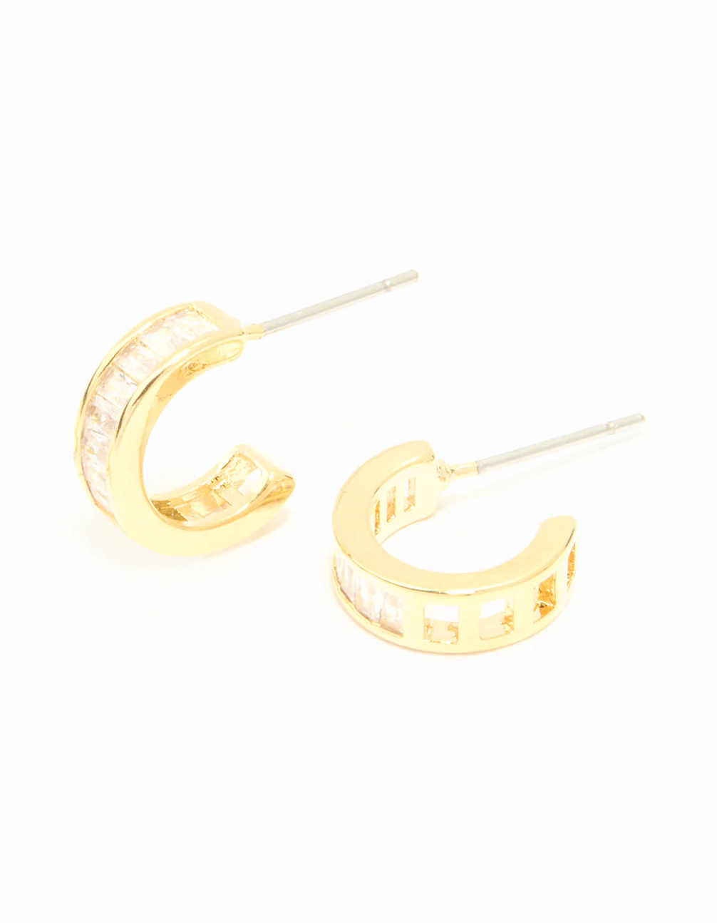Gold Plated Cubic Zirconia Plain & Baguette Hoop Earrings 2-Pack - Image 5
