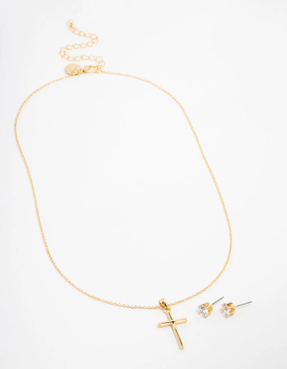 Gold Plated Cubic Zirconia Plain Cross Necklace & Stud Earrings - Image 2