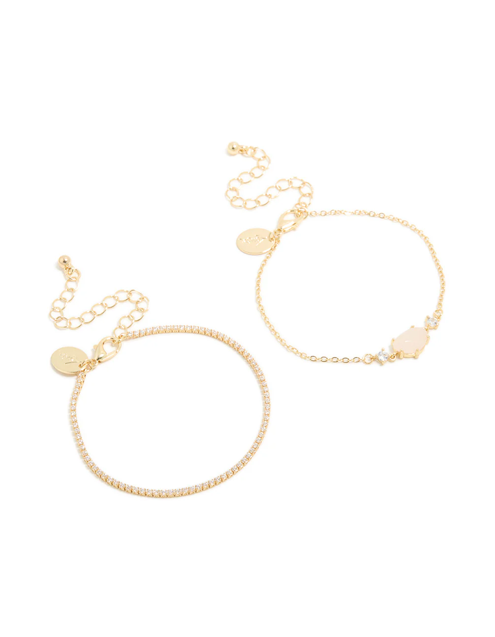 Gold Plated Cubic Zirconia & Rose Quartz Semi-Precious Stone Bracelets 2-Pack - Image 2