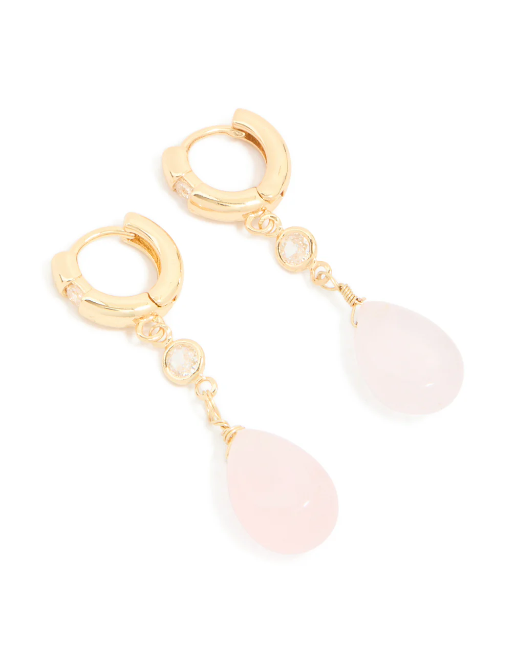 Gold Plated Cubic Zirconia & Rose Quartz Semi Precious Stone Teardrop Earrings - Image 2
