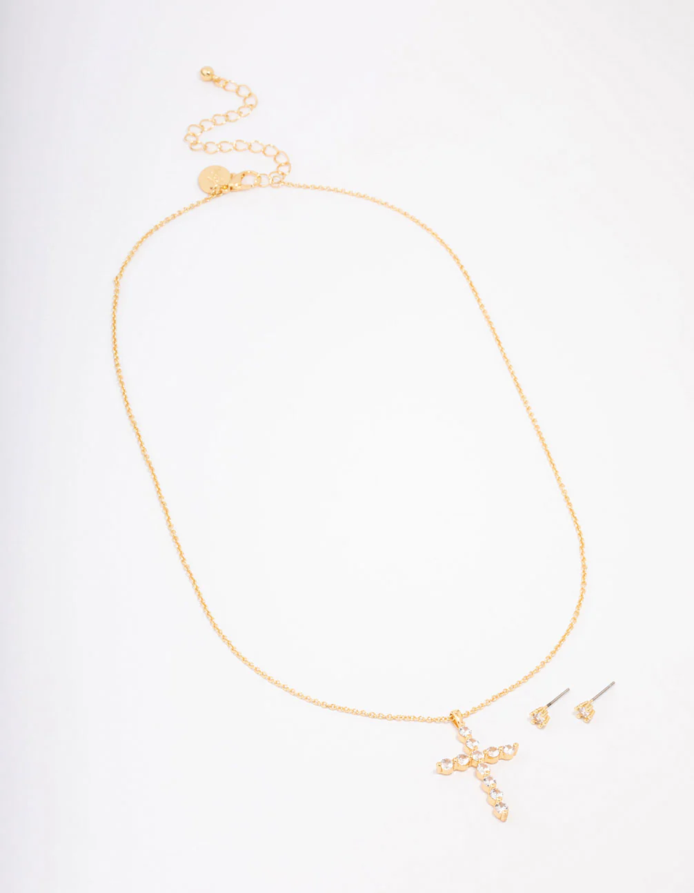 Gold Plated Cubic Zirconia Round Cross Pendant Necklace & Stud Earring Set - Image 2