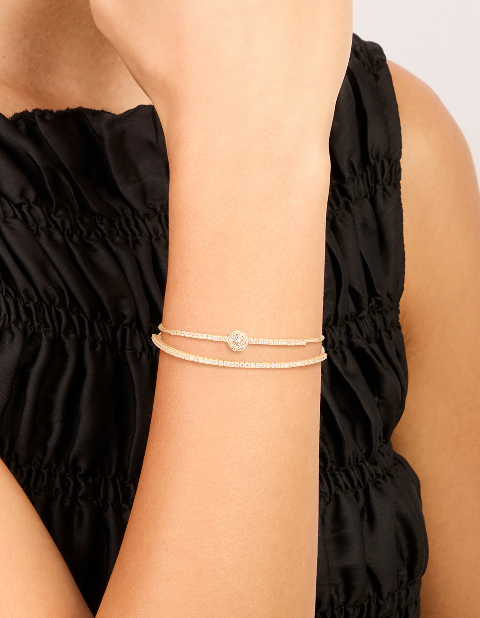 Gold Plated Cubic Zirconia Round Front Layered Wrist Cuff - Image 2
