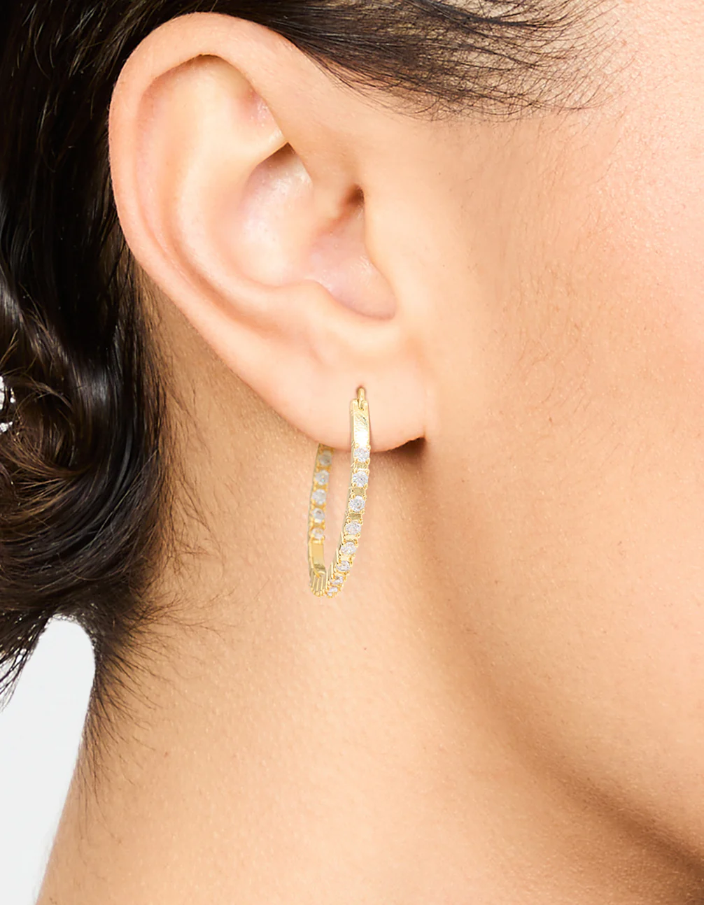 Gold Plated Cubic Zirconia Skinny Large Hoop Earrings - Image 2