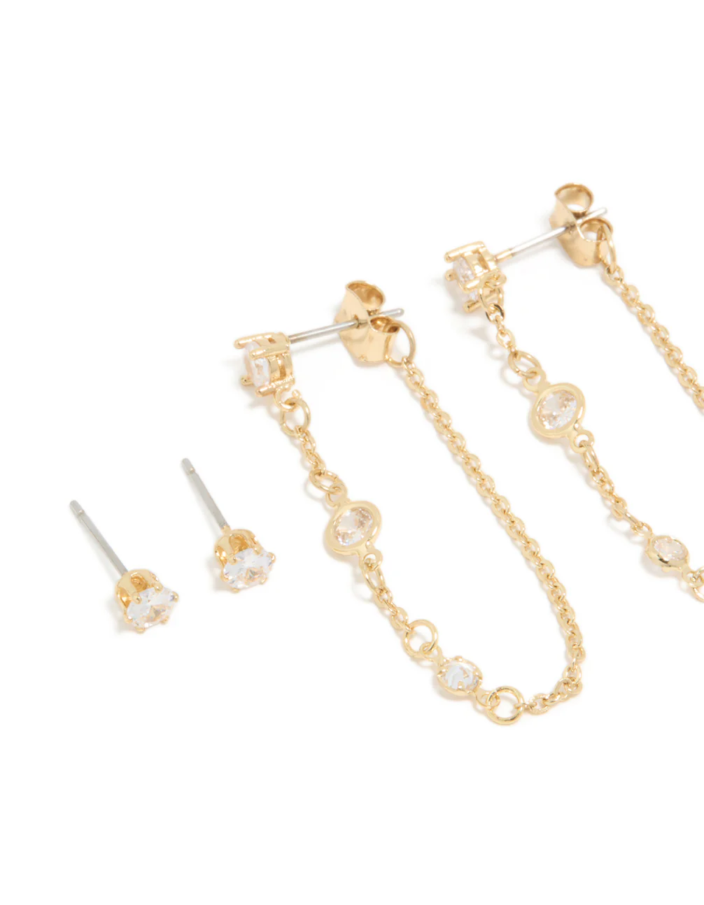 Gold Plated Cubic Zirconia Stud & Chain Earrings 4-Pack - Image 2