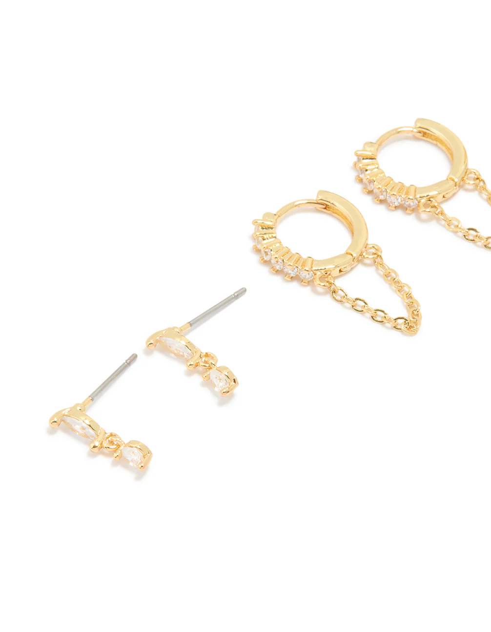 Gold Plated Cubic Zirconia Stud & Chain Huggie Earrings 4-Pack - Image 2