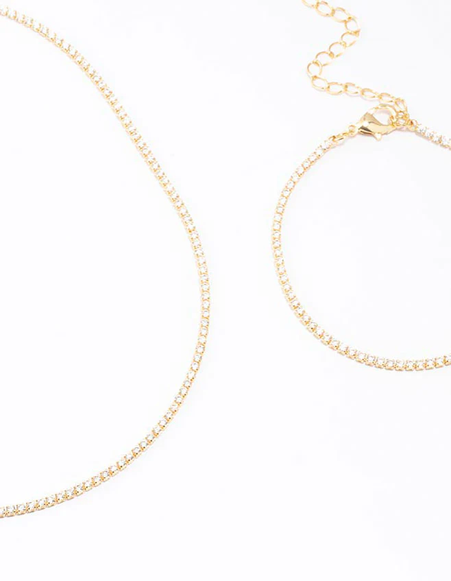 Gold Plated Cubic Zirconia Tennis Bracelet & Necklace Set - Image 2