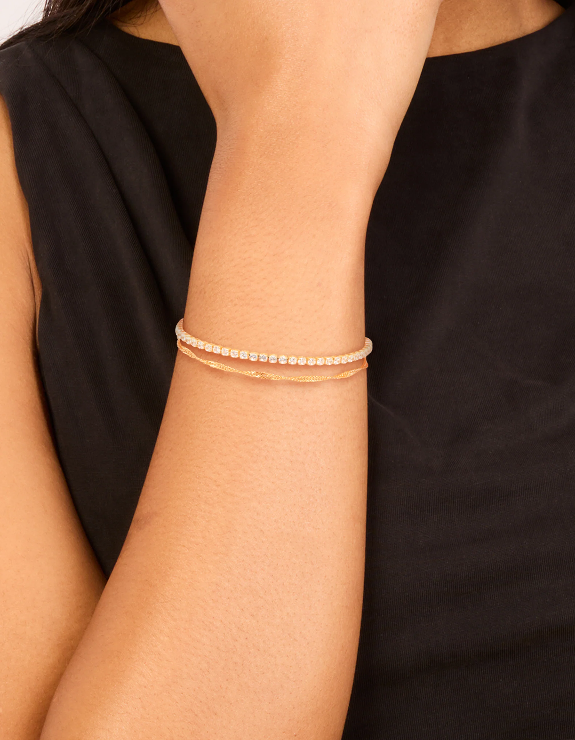 Gold Plated Cubic Zirconia Tennis & Plain Chain Layered Bracelet - Image 2