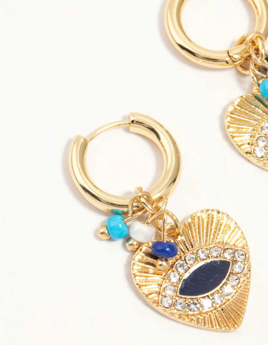 Gold Plated Cubic Zirconia Textured Evil Eye Huggie Earrings - Image 4