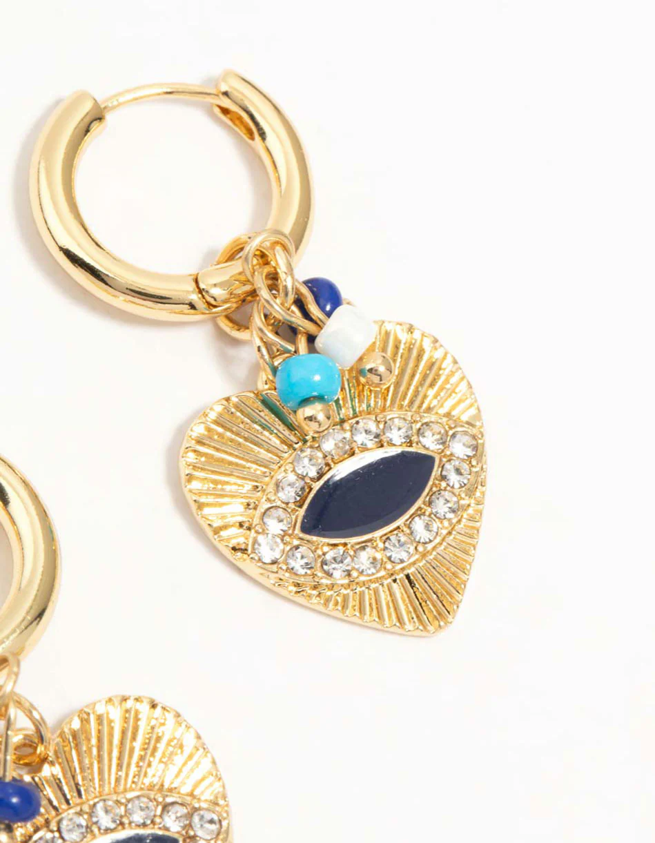 Gold Plated Cubic Zirconia Textured Evil Eye Huggie Earrings - Image 5