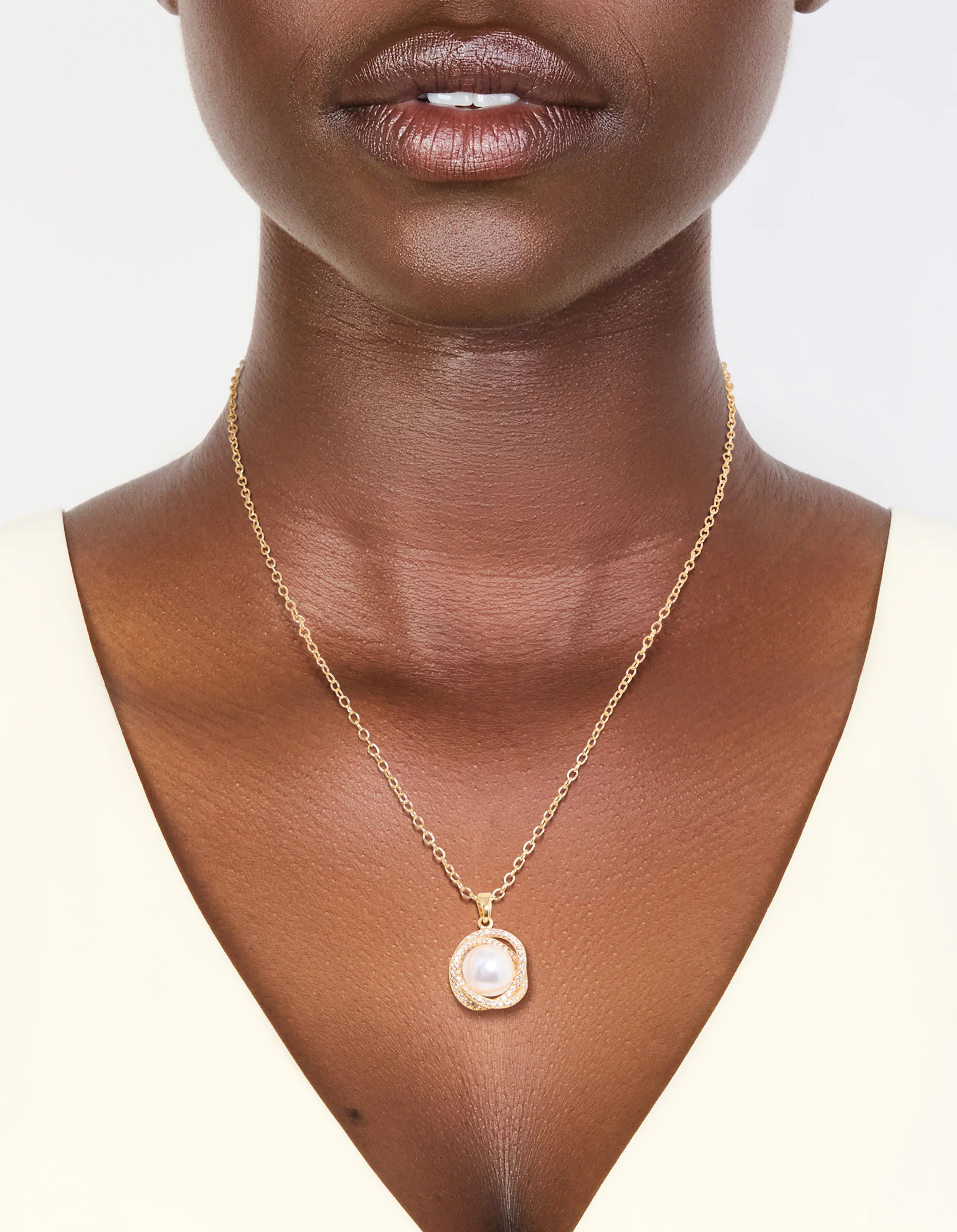 Gold Plated Cubic Zirconia Twisted Pearl Pendant Necklace - Image 2
