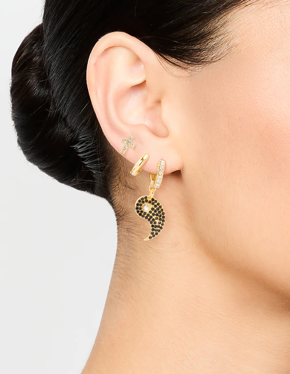 Gold Plated Cubic Zirconia Yin Yang Earrings 3-Pack - Image 2