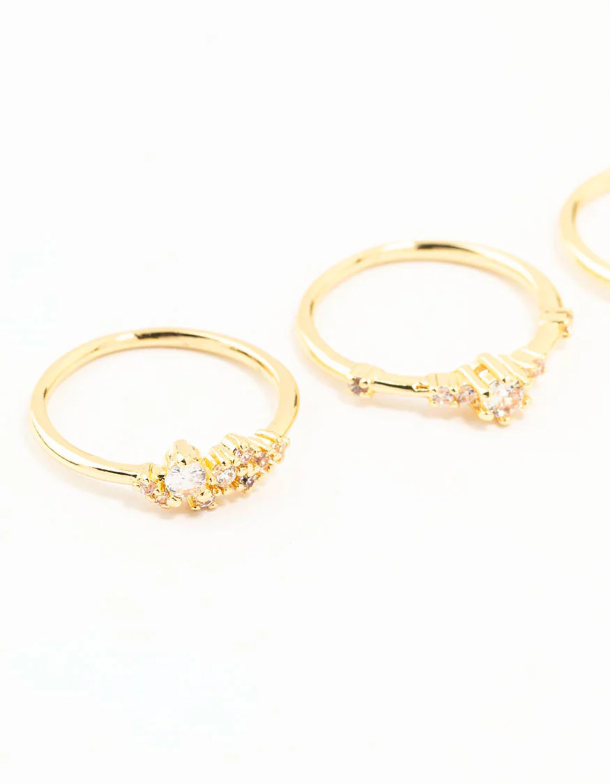 Gold Plated Dainty Cubic Zirconia Cluster Rings 3-Pack - Image 2