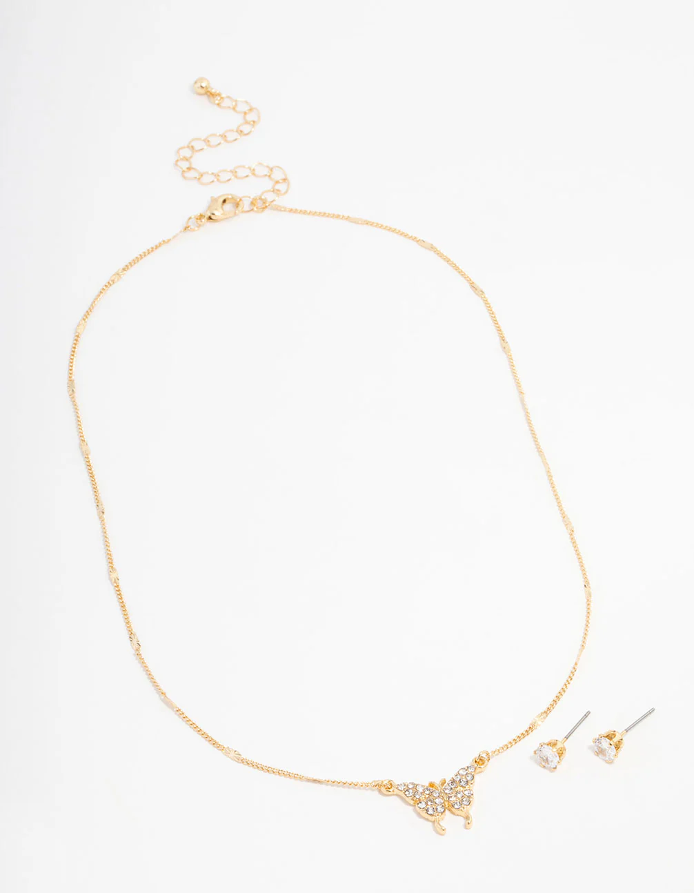 Gold Plated Diamante Butterfly Necklace & Stud Earrings Set - Image 2