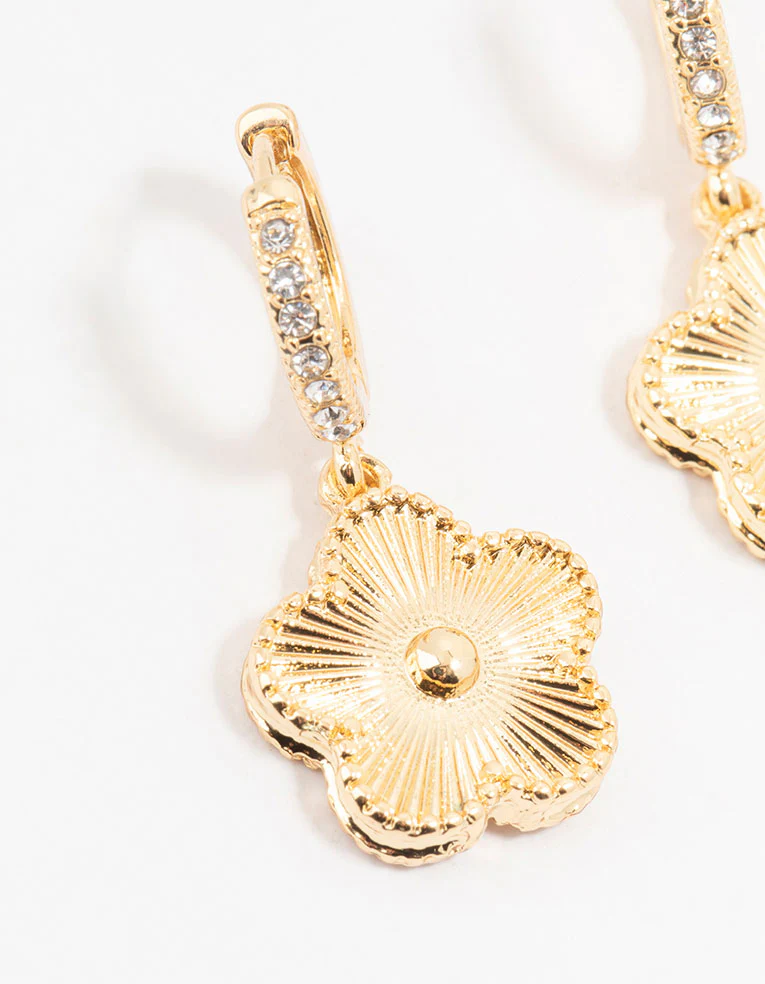 Gold Plated Diamante Clover Hoop Earrings - Image 2