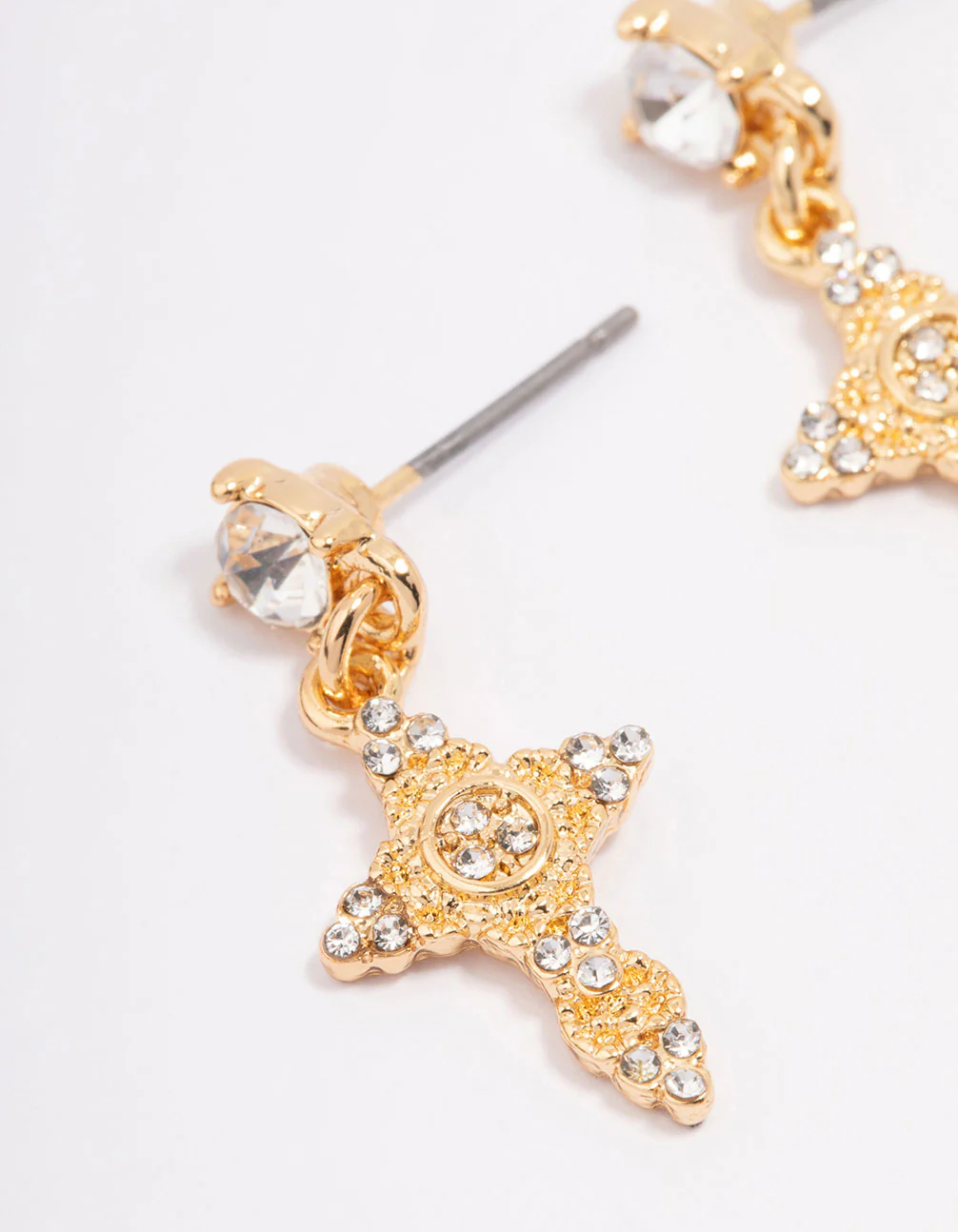 Gold Plated Diamante Cross Drop Earrings - Image 2