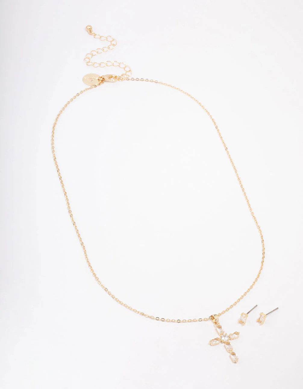 Gold Plated Diamante Cross Pendant Necklace & Stud Earring Set - Image 2