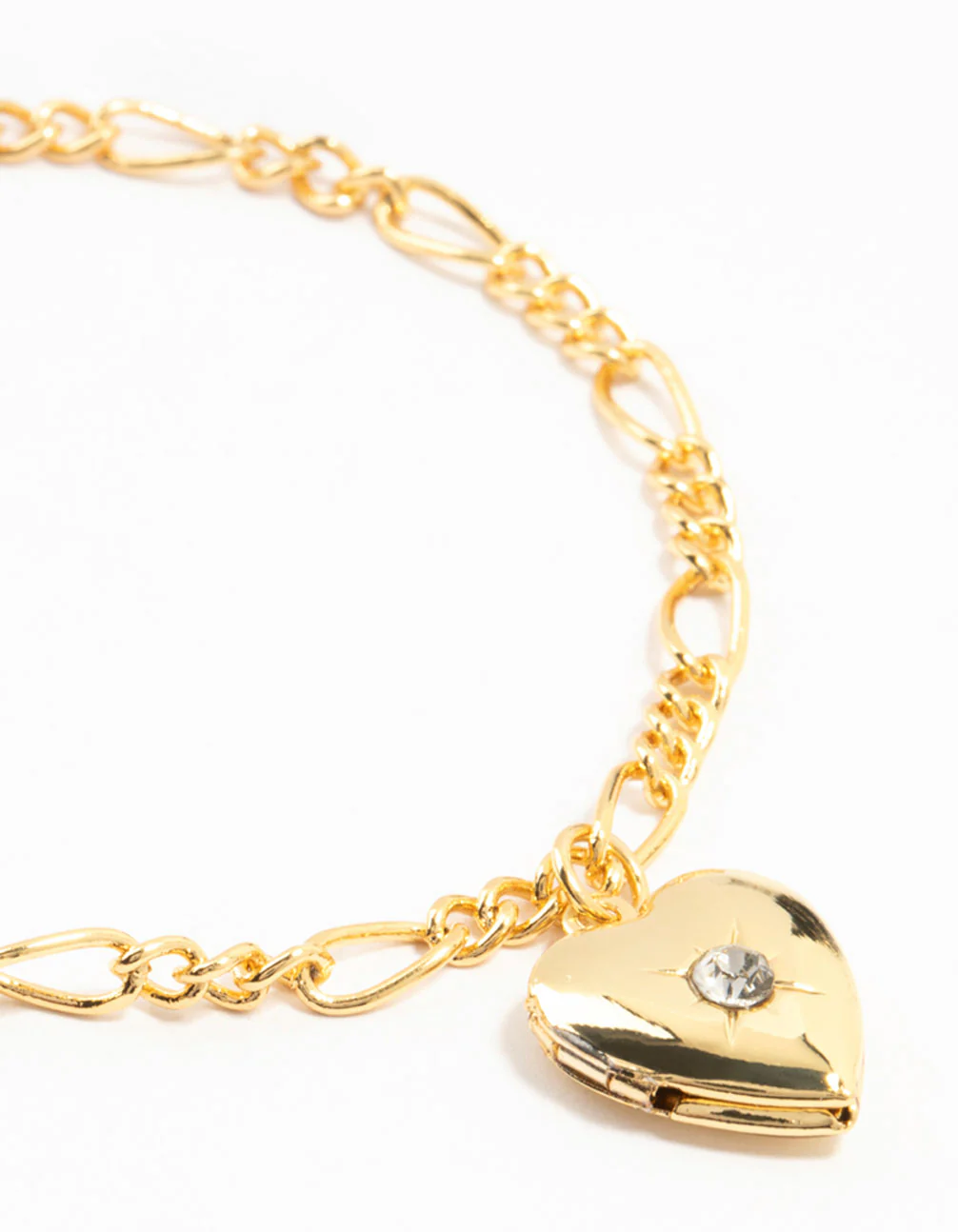 Gold Plated Diamante Heart Locket Figaro Bracelet - Image 4