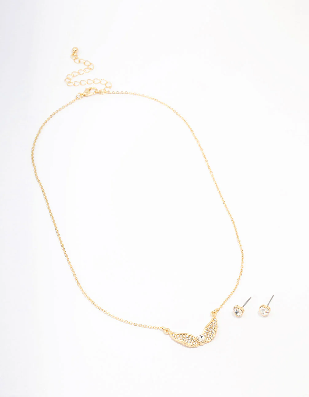 Gold Plated Diamante Heart Wing Necklace & Stud Earring Set - Image 2