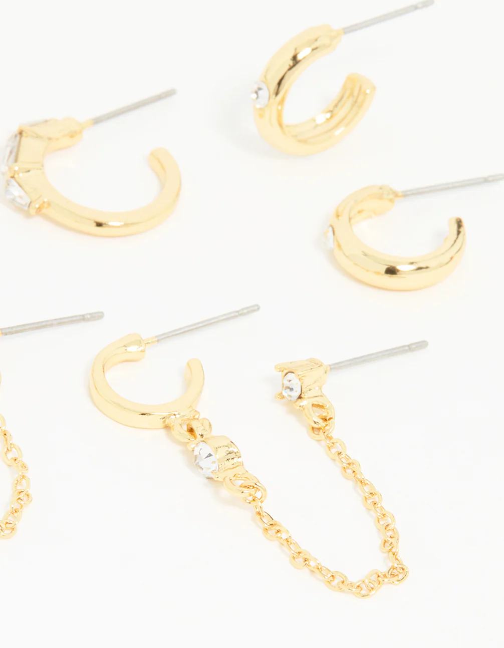 Gold Plated Diamante Hoop & Chain Drop Earrings 5-Pack - Image 3