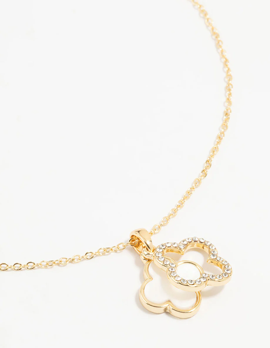 Gold Plated Diamante Outline Pendant Flower Necklace - Image 3