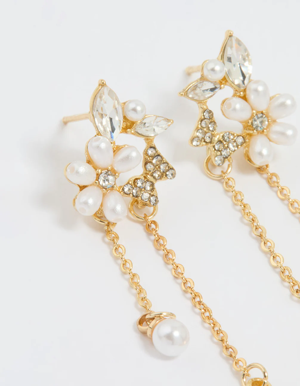 Gold Plated Diamante Pearl Flower Chain Drop Earrings - Image 4