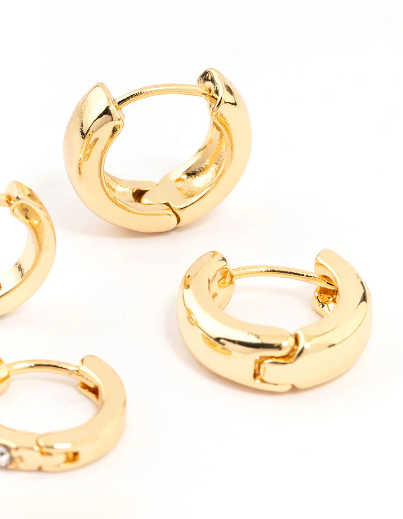 Gold Plated Diamante & Plain Huggie Earrings 2-Pack - Image 3