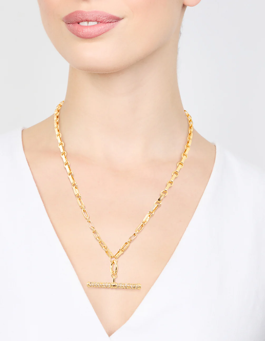 Gold Plated Diamante T-Bar Chain Necklace - Image 2