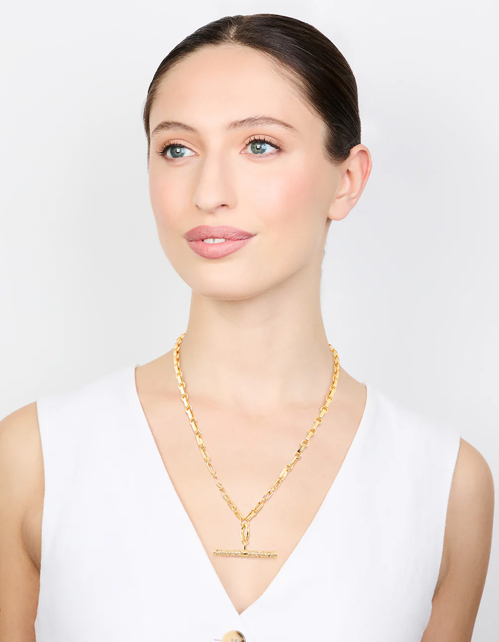 Gold Plated Diamante T-Bar Chain Necklace - Image 3