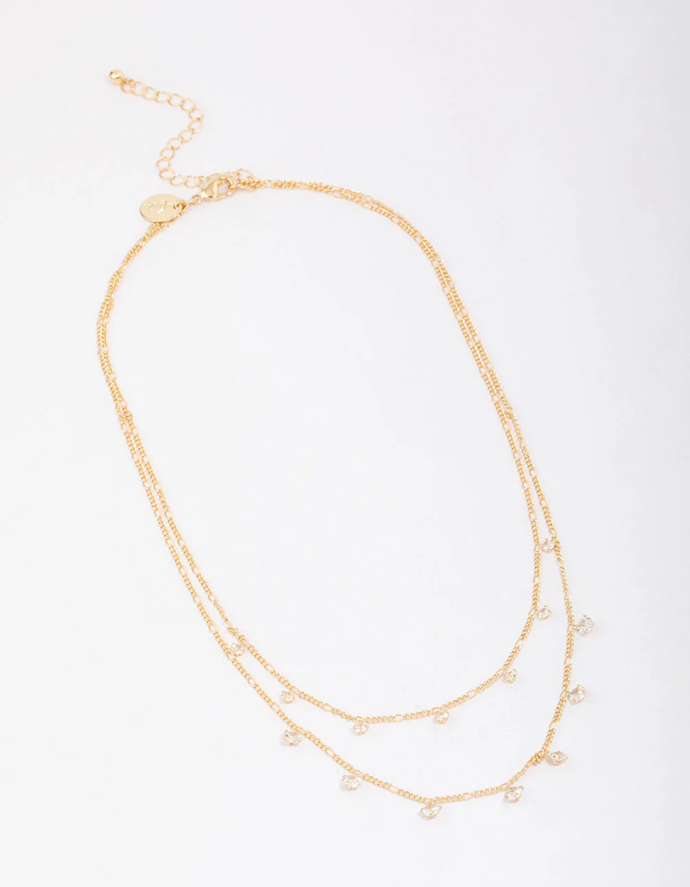 Gold Plated Brass Double Cubic Zirconia Droplet Layered Necklace - Image 2