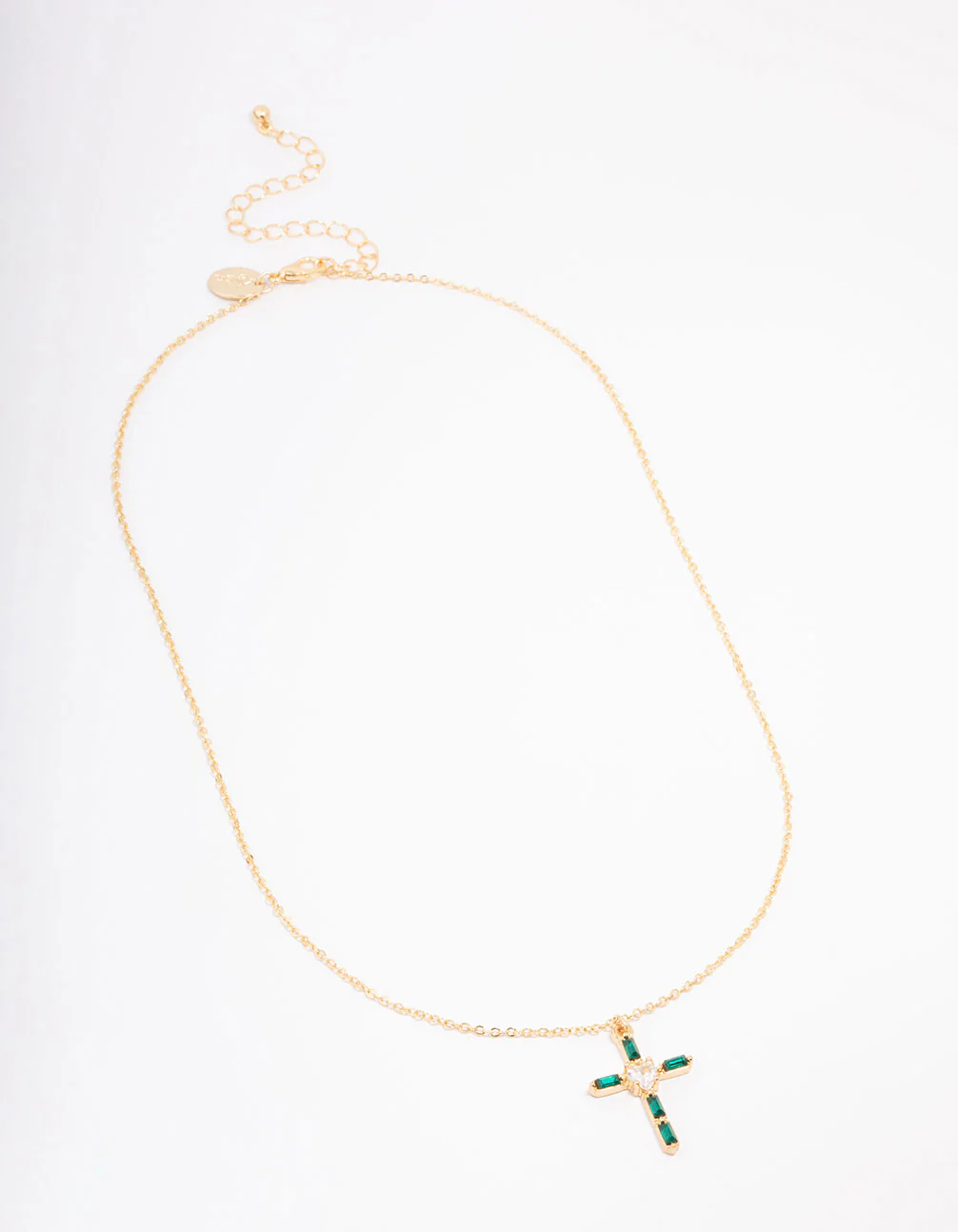 Gold Plated Emerald Cubic Zirconia Baguette Cross Pendant Necklace - Image 2
