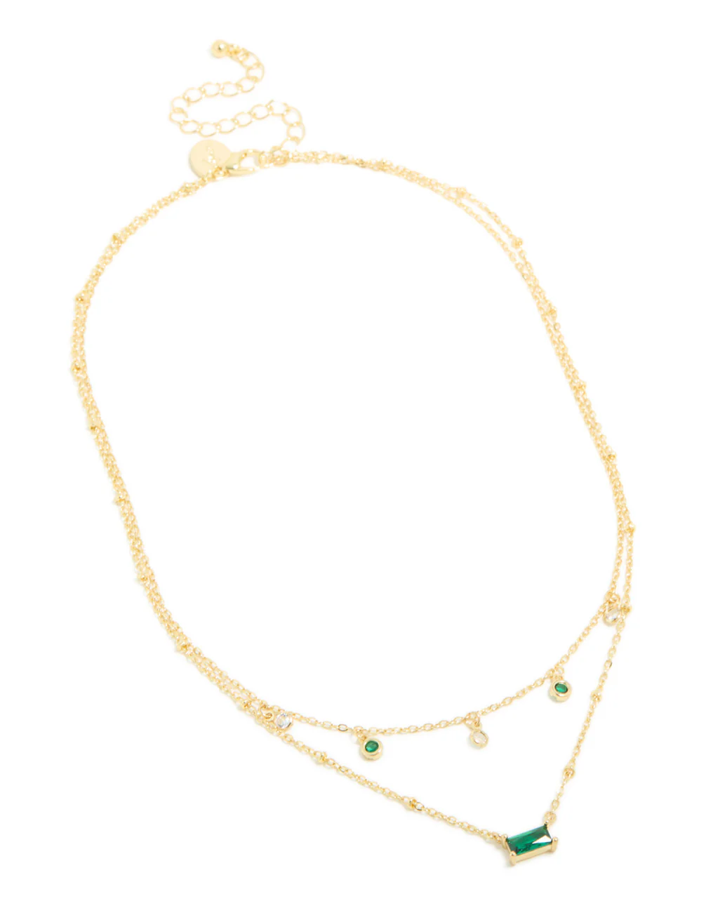 Gold Plated Emerald Cubic Zirconia Baguette & Droplets Layered Necklace - Image 2
