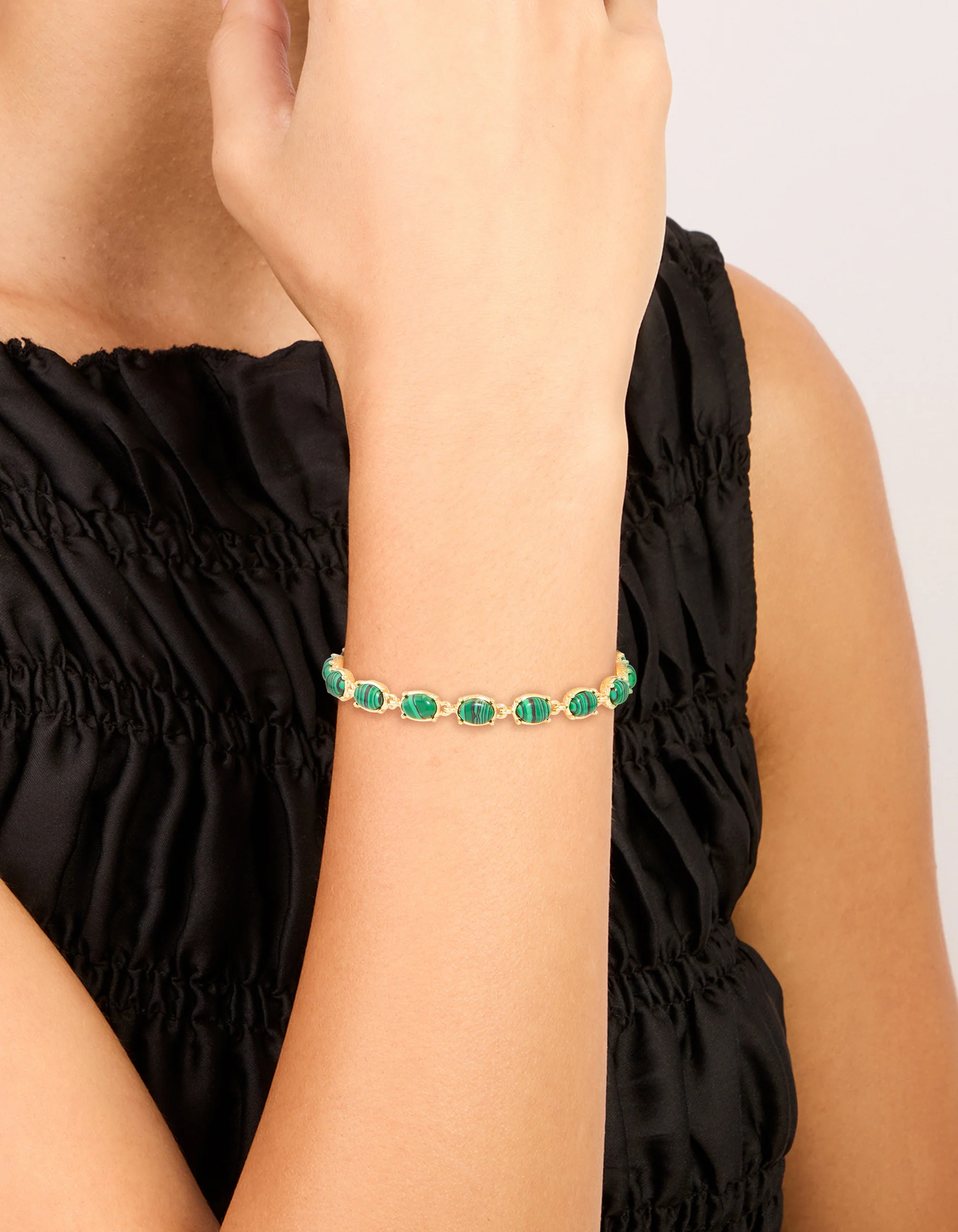 Gold Plated Emerald Semi Precious Stone Oval Bracelet - Image 2