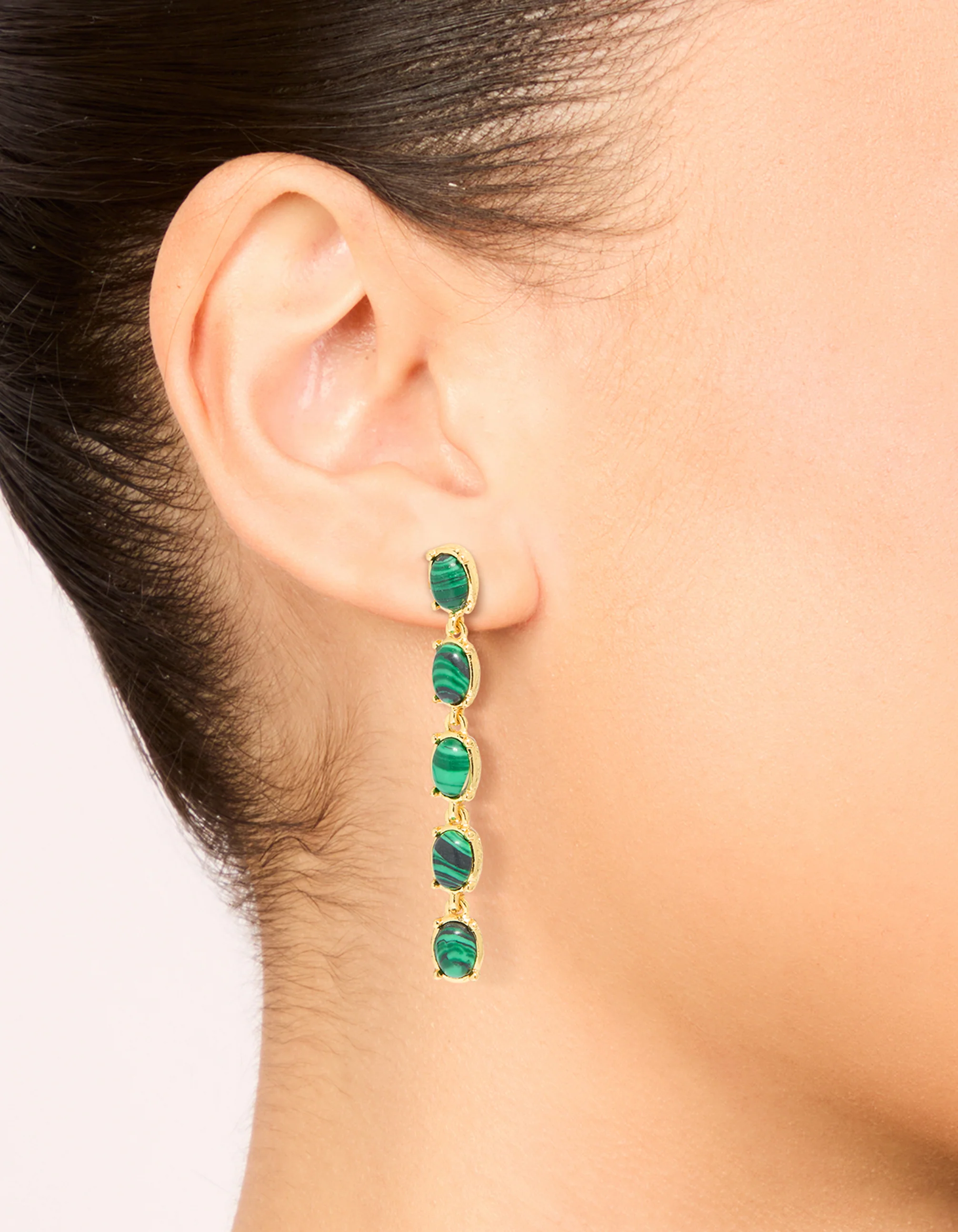Gold Plated Emerald Semi Precious Stone Oval Drop Earrings - Image 2