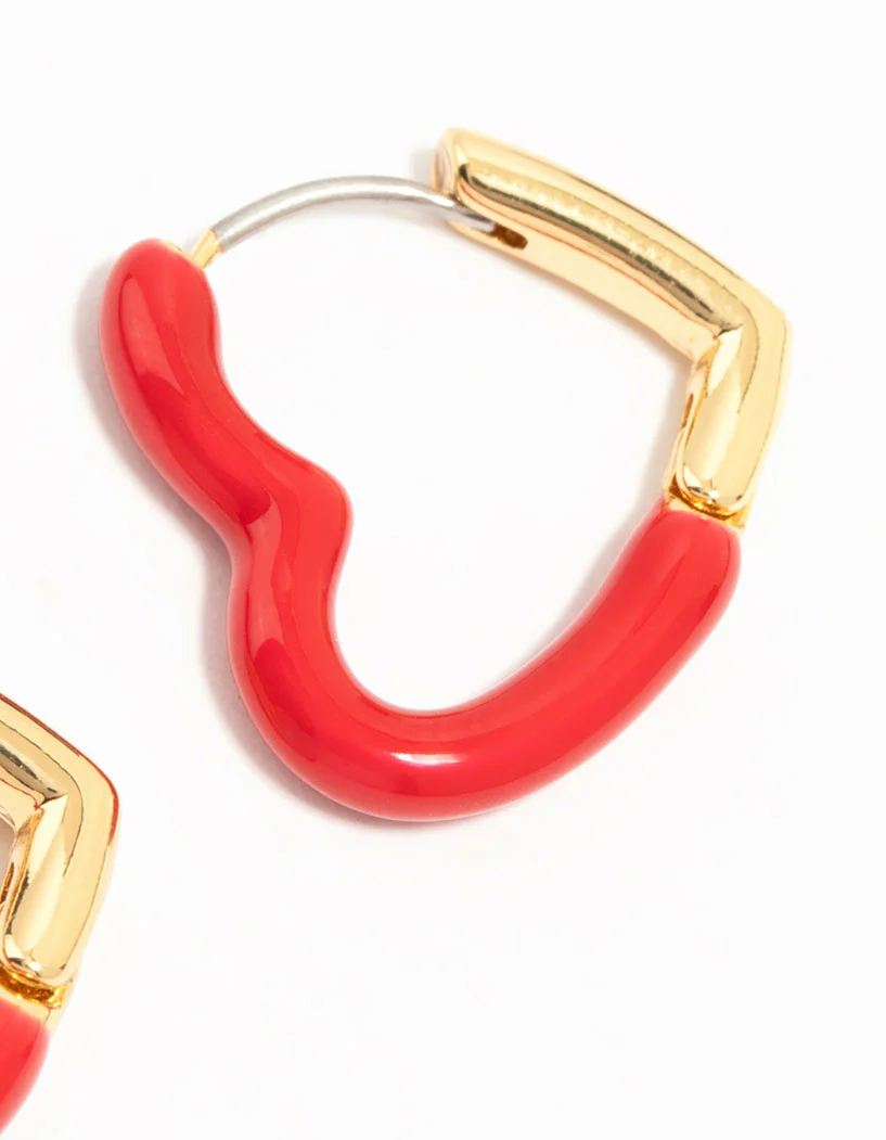 Gold Plated Enamel & Sleek Heart Hoop Earrings 2-Pack - Image 3