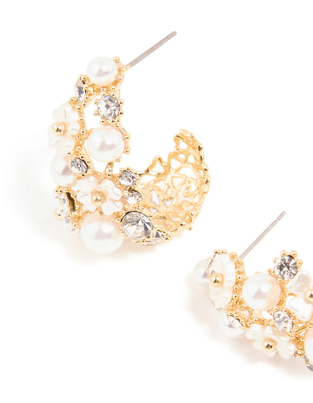 Gold Plated Flower Diamante Pearl Graduating Hoop - Image 2