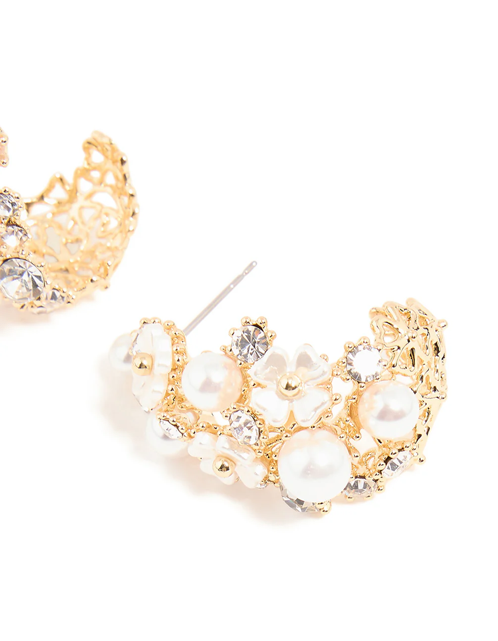 Gold Plated Flower Diamante Pearl Graduating Hoop - Image 3