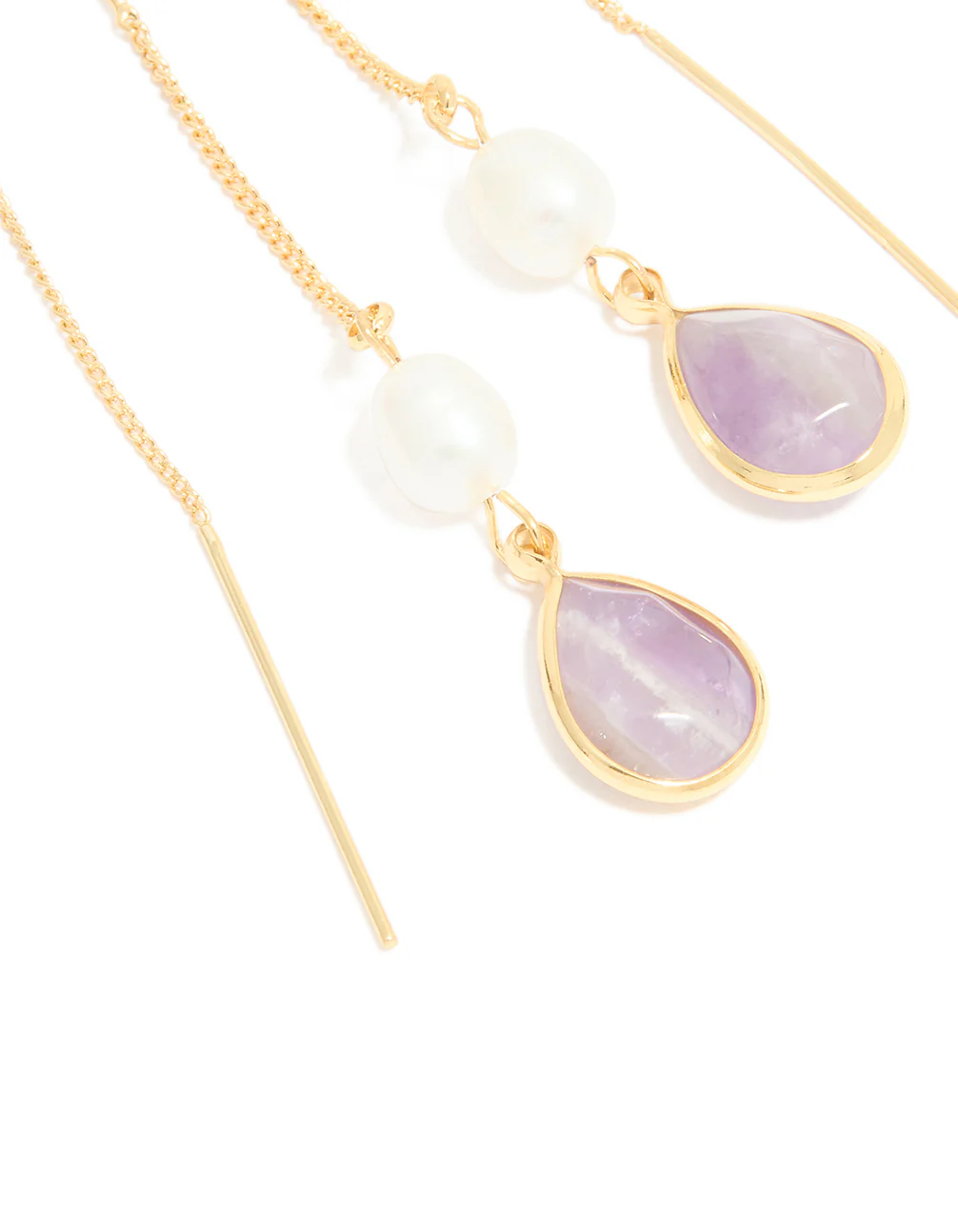 Gold Plated Freshwater Pearl & Amethyst Teardrop Thread Through Earrings - Image 3