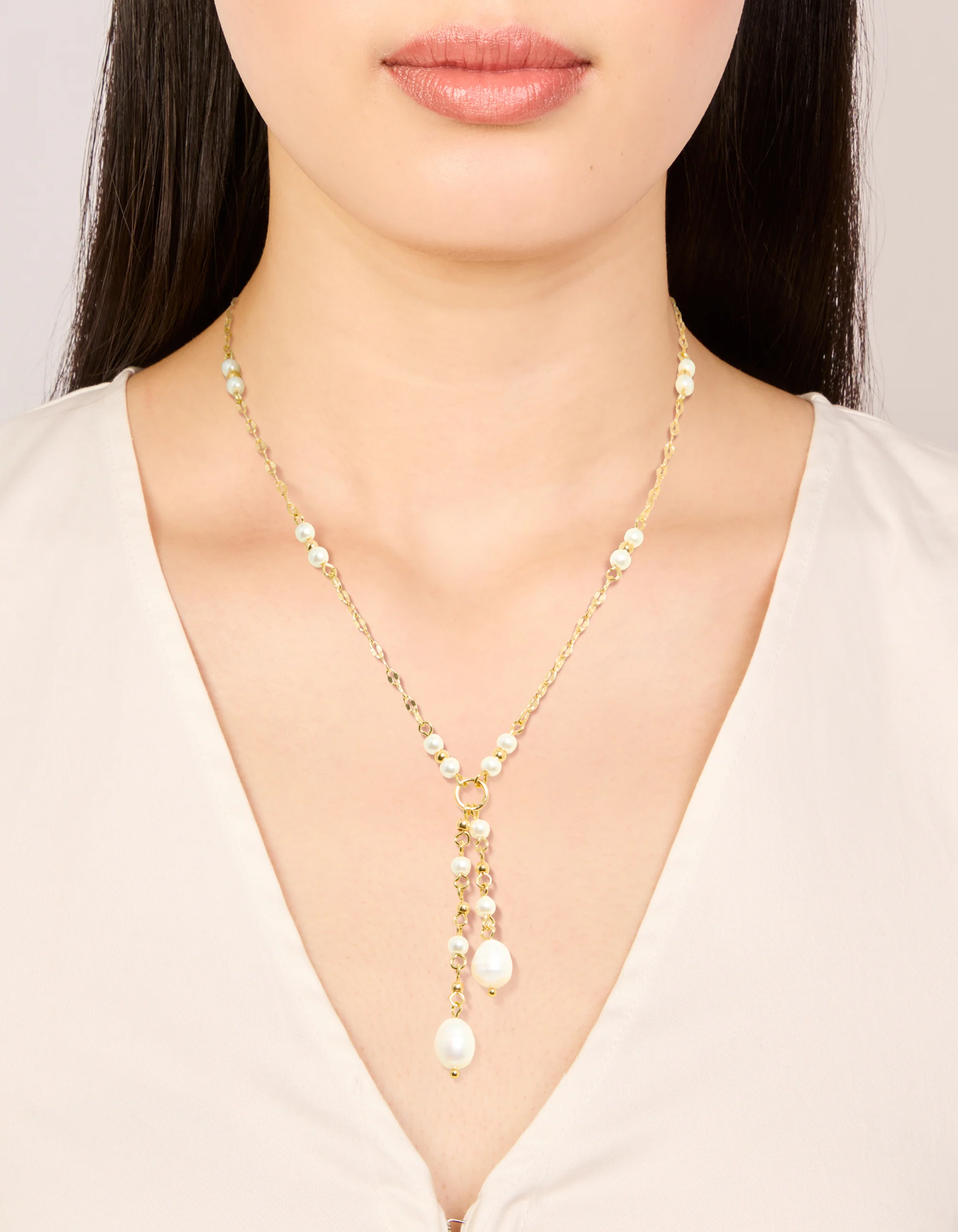 Gold Plated Freshwater Pearl Chain Drop Y-Necklace - Image 2