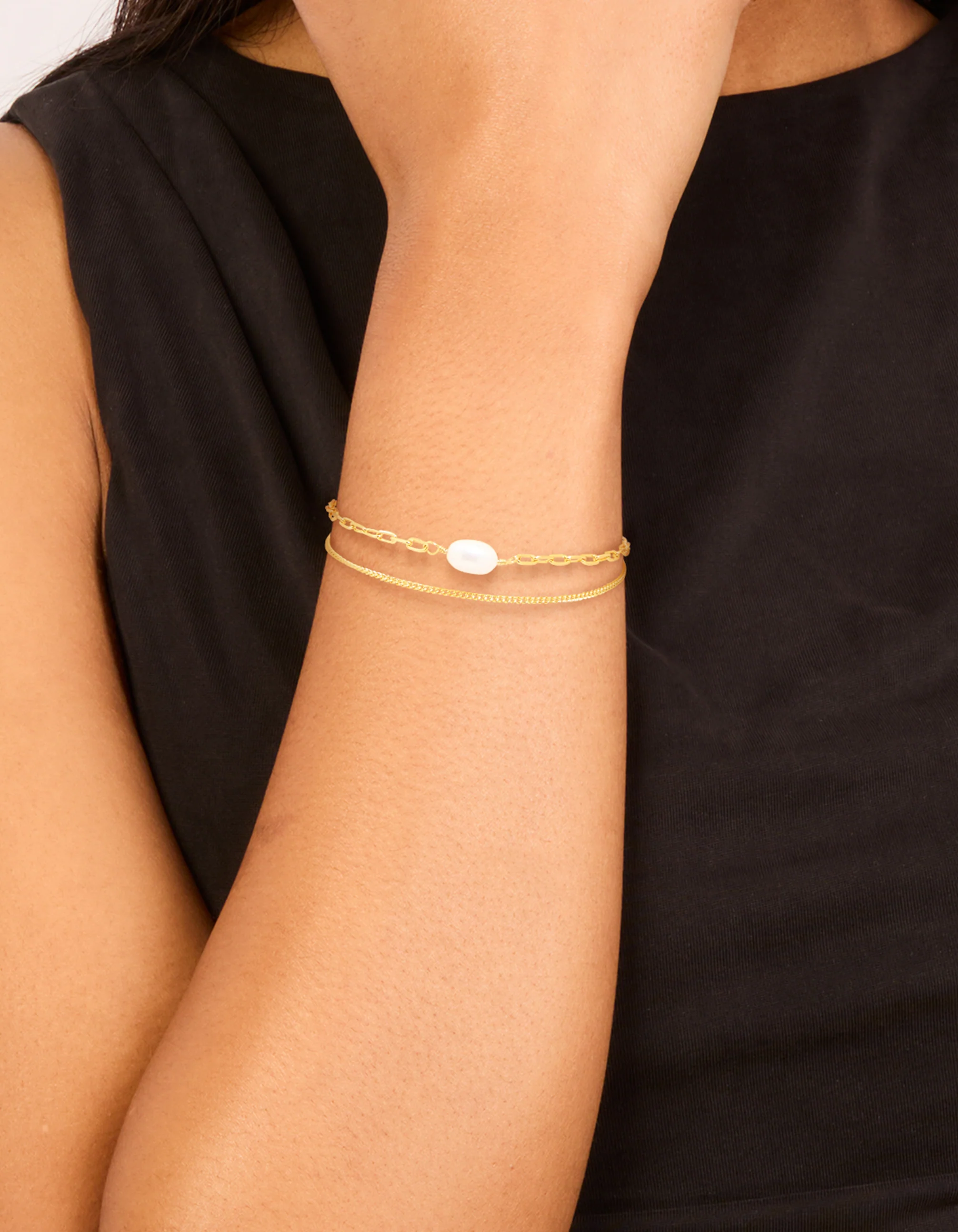 Gold Plated Freshwater Pearl Chain Layered Bracelet - Image 2