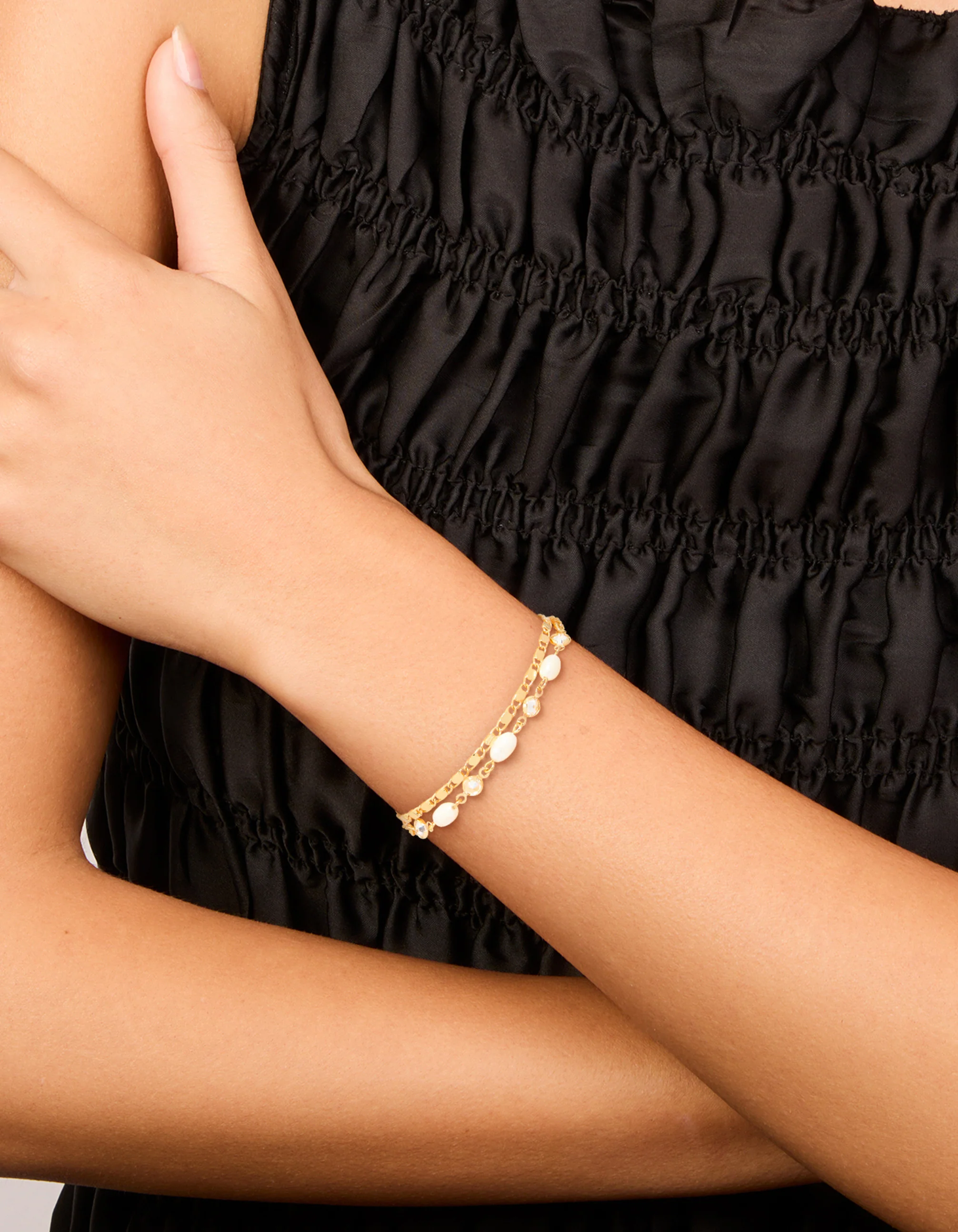Gold Plated Freshwater Pearl Cubic Zirconia & Chain Bracelets 2-Pack - Image 2