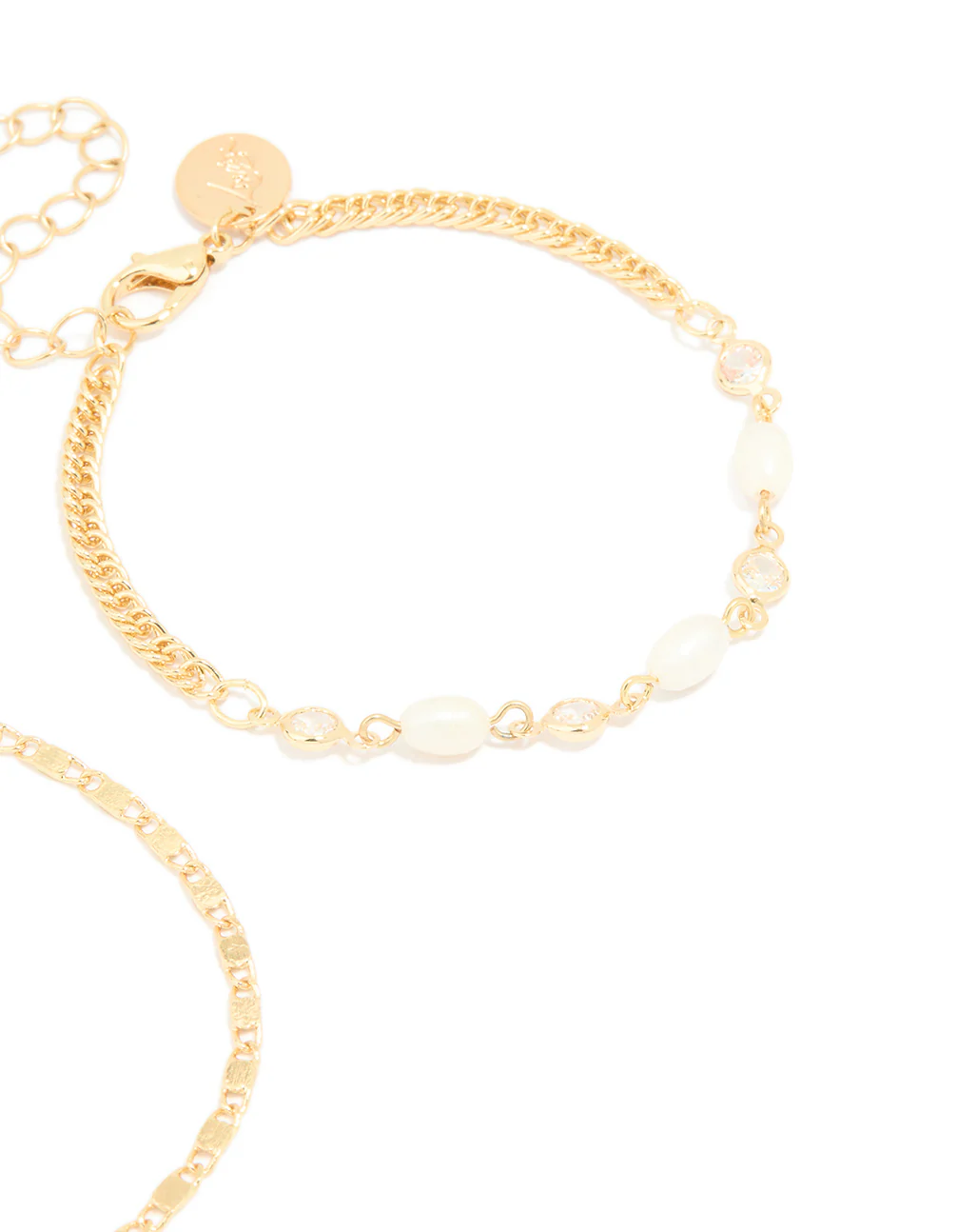 Gold Plated Freshwater Pearl Cubic Zirconia & Chain Bracelets 2-Pack - Image 5