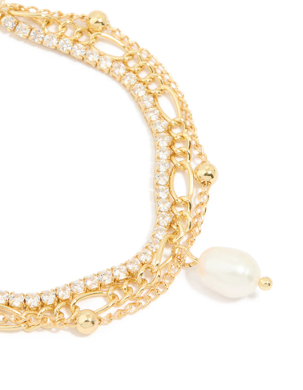 Gold Plated Freshwater Pearl Diamante Layered Chain Bracelet - Image 2