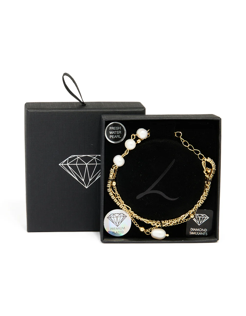 Gold Plated Freshwater Pearl Diamante Layered Chain Bracelet - Image 3