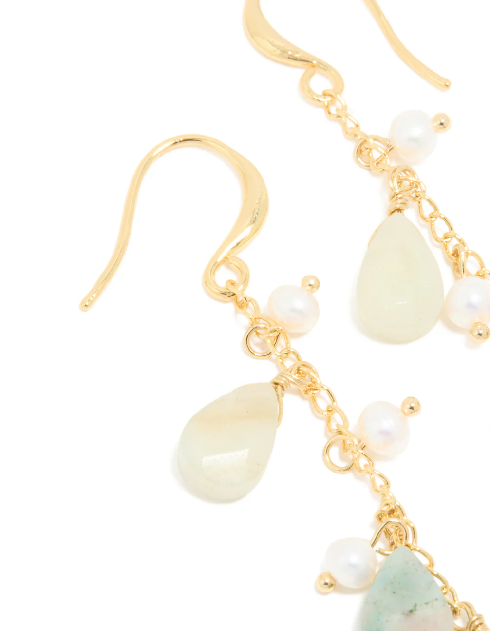 Gold Plated Freshwater Pearl & Green Semi Precious Stone Chain Drop Hook Earrings - Image 2