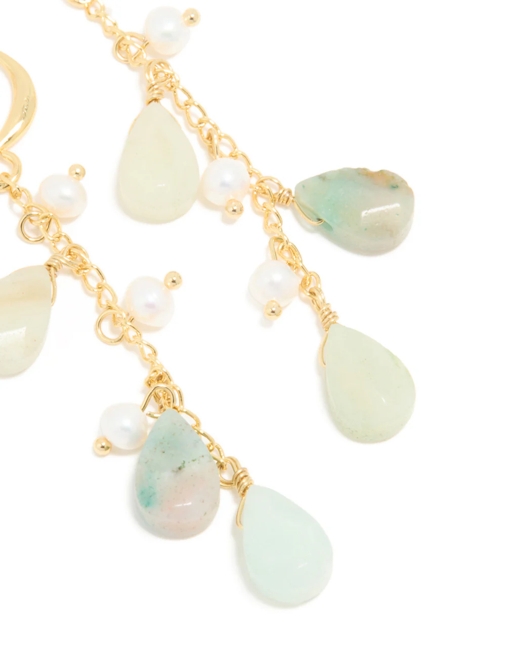 Gold Plated Freshwater Pearl & Green Semi Precious Stone Chain Drop Hook Earrings - Image 3