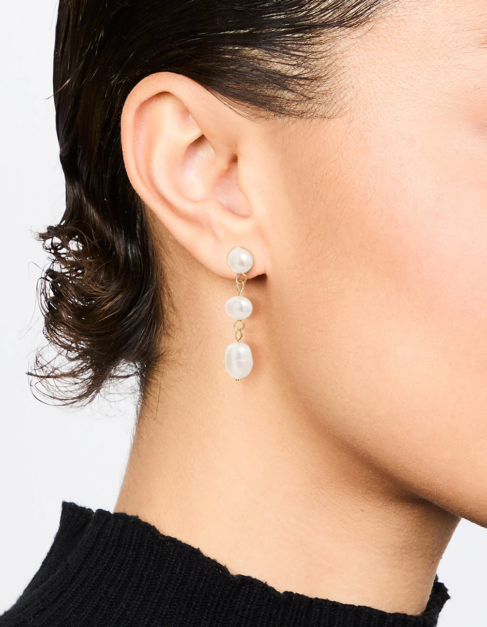 Gold Plated Freshwater Pearl Trio Drop Earrings - Image 3